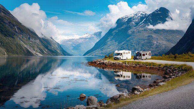 a motorhome trip through the breathtaking natural landscapes of Norway, capturing the beauty of caravan travel amidst stunning scenery.