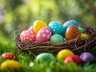 Fototapeta na wymiar Colorful Easter Eggs Nestled in Basket on Vibrant Spring Grass