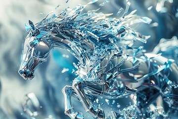 Conceptual artwork of a futuristic, metallic horse merging with abstract elements in a fluid, dynamic environment, showcasing innovation and motion.