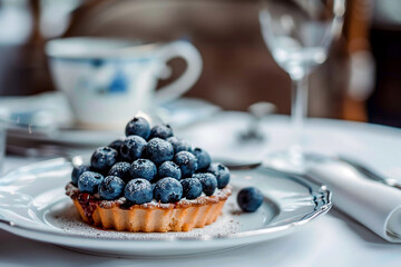 Blueberry tart on elegant dining ware, dusted with sugar. Gourmet dessert, luxurious and fresh....