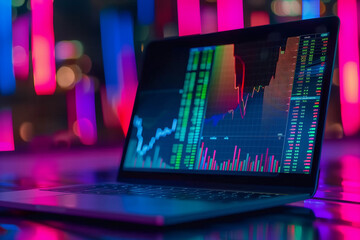 Financial stock market on a laptop screen. Stock market curve on screen. Investing in the stock market. Sotck exchange. Stock market training. - obrazy, fototapety, plakaty