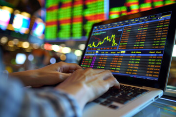 Financial stock market on a laptop screen. Stock market curve on screen. Investing in the stock market. Sotck exchange. Stock market training. - obrazy, fototapety, plakaty