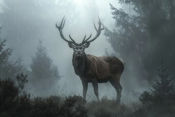 Digital art portrait of a majestic stag in a misty forest.