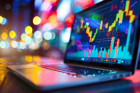 Financial stock market on a laptop screen. Stock market curve on screen. Investing in the stock market. Sotck exchange. Stock market training.