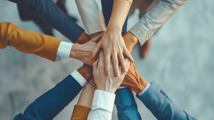 Close up top view of business people putting hands together. business teamwork concept.