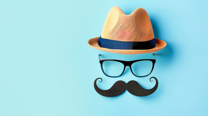 Man"s face made from hat paper mustache and glasses on blue background. Creative banner for male fashion Father"s day holiday