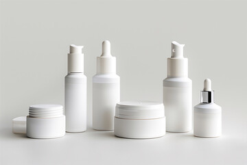 group of white cosmetic bottle product on white background.