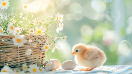 Cute little fluffy yellow chicken Easter eggs and wicker basket with chamomile flowers. Pastel colors soft morning light