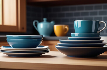Ceramic plates, cups on the kitchen