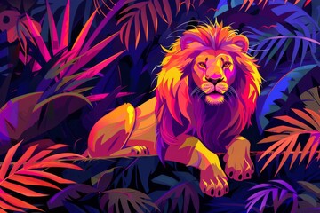 Illustration of a majestic lion in a colorful, abstract jungle environment.