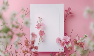 Flat background with blank poster mockup on pink wall