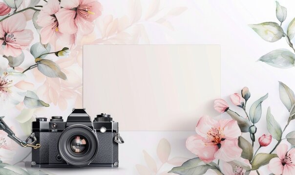 Flat background with blank poster mockup and vintage camera with watercolor flowers