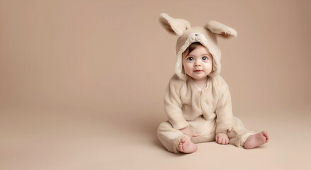 A baby in a fluffy Easter Bunny costume