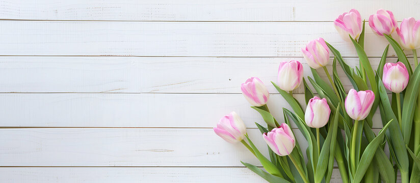 White wooden background with tulips on the side