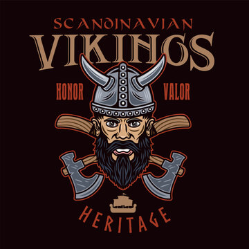 Viking head and crossed axes vector emblem, label, badge, logo or print in colorful style on dark background