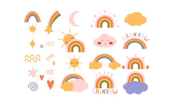 set of cute cartoon hand drawn vector elements with rainbow, hearts, clouds, lines, sun on white background
