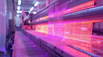 A high-tech neon loom weaving fabrics with integrated technology