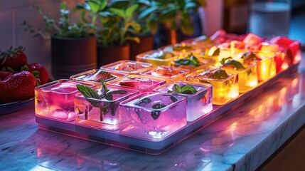 A high-tech, neon-infused ice cube tray for creating custom flavors and nutrients