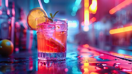 A neon-accented AI for cocktail creation experimenting with flavors and presentations - obrazy, fototapety, plakaty
