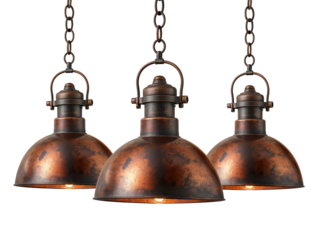 Three hanging light fixtures with chains, isolated on transparent or white background
