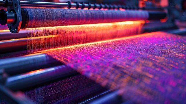 A high-tech neon loom weaving fabrics with integrated technology