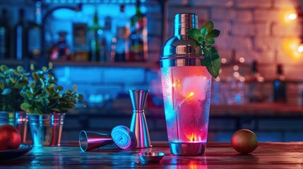 A smart, neon cocktail shaker suggesting recipes and measuring ingredients