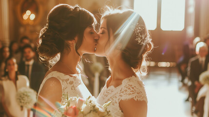 Civil Ceremony Uniting Two Brides in a Same-Sex Marriage - obrazy, fototapety, plakaty