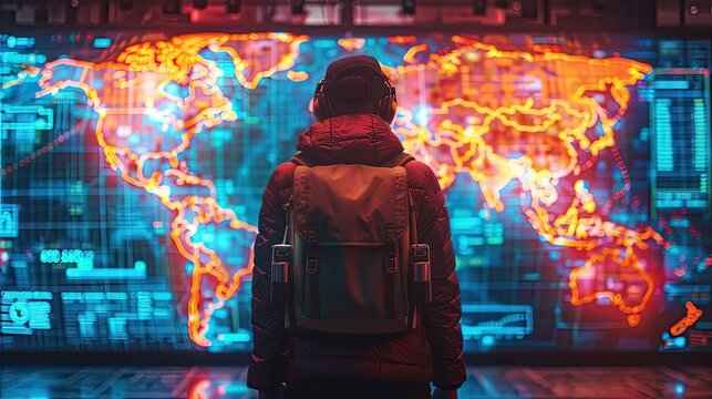An AI travel assistant planning entire trips based on personal preferences, illuminated by neon maps
