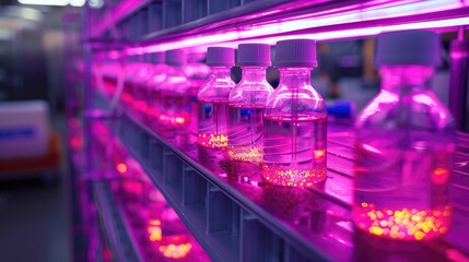 A biotechnological, neon-highlighted setup for in-vitro meat cultivation - obrazy, fototapety, plakaty