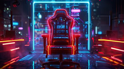 A high-tech, neon gaming chair with immersive sound and vibration feedback - obrazy, fototapety, plakaty