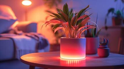A smart, neon plant pot providing light therapy for indoor plants - obrazy, fototapety, plakaty