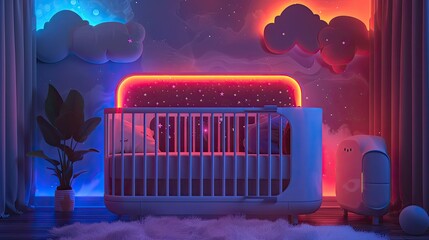 A smart, neon-lit baby crib monitoring sleep and playing lullabies - obrazy, fototapety, plakaty