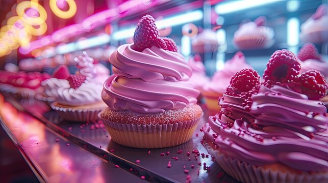 AI in bakery and confectionery optimizing recipes and designs, highlighted with neon dessert images