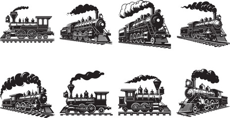 Intricately detailed vintage locomotives depicted in monochrome, showcasing the golden era of railway transport and its classical design