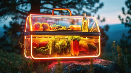 A neon-accented, tech-enhanced picnic basket for the perfect outdoor meal - obrazy, fototapety, plakaty