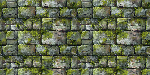 Seamless rock pattern, tileable mossy stone dungeon masonry texture, great for video game design
