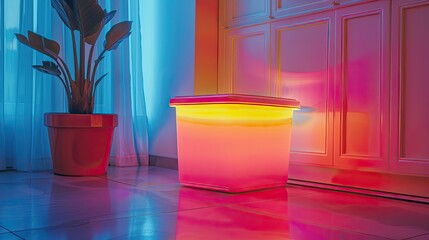 A smart, neon storage bin categorizing and reminding about stored items