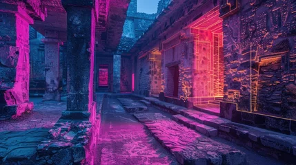 Foto op Canvas AI in archaeology analyzing sites and artifacts faster than traditional methods, highlighted with neon overlays © Gefo