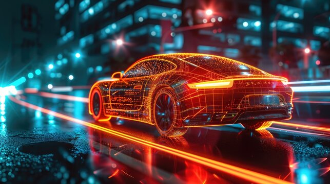 AI in automotive industries predicting vehicle malfunctions before they happen, visualized in neon diagnostics