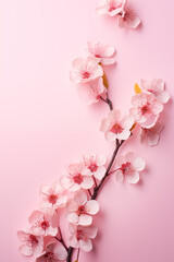 Beautiful sakura cherry flowers isolated on pink background, delicate springtime design, copy space