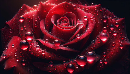 Bright rose petals, shining from drops of fresh morning dew. The drops reflect the early morning sun, creating a mesmerizing play of light and shadow.