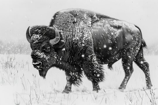 Charcoal drawing of a powerful bison standing in a snowy field.
