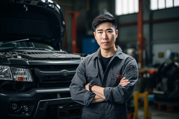 Smiling mechanic asian man. Automotive professions. Job offer. Job Search. Machine repair professions. Asian man. Japan. China. Asian country. Japanese. Chinese. AI.