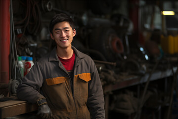 Smiling mechanic asian man. Automotive professions. Job offer. Job Search. Machine repair professions. Asian man. Japan. China. Asian country. Japanese. Chinese. AI.