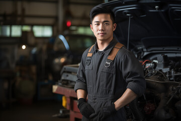 Smiling mechanic asian man. Automotive professions. Job offer. Job Search. Machine repair professions. Asian man. Japan. China. Asian country. Japanese. Chinese. AI.