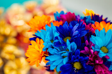 Close up of colorful dyed flower arrangement