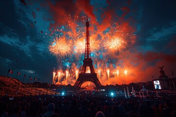 Spectacular fireworks display above the Eiffel Tower in a celebration of Bastille Day with a crowd of spectators enjoying the show