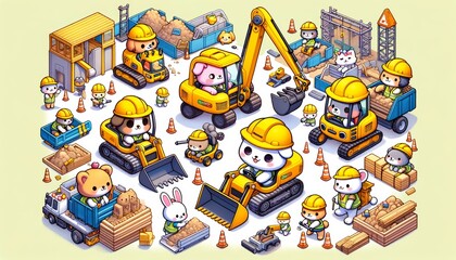 Cartoon Animals Working on a Construction Site