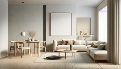 Blank frame and poster mock up in living room. Scandinavian interior. 3d rendering, 3d illustration