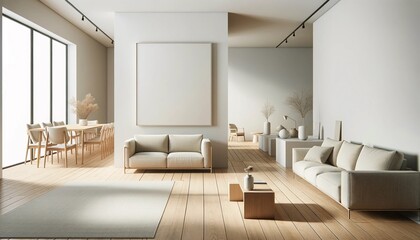 Fototapeta na wymiar Blank frame and poster mock up in living room. Scandinavian interior. 3d rendering, 3d illustration
